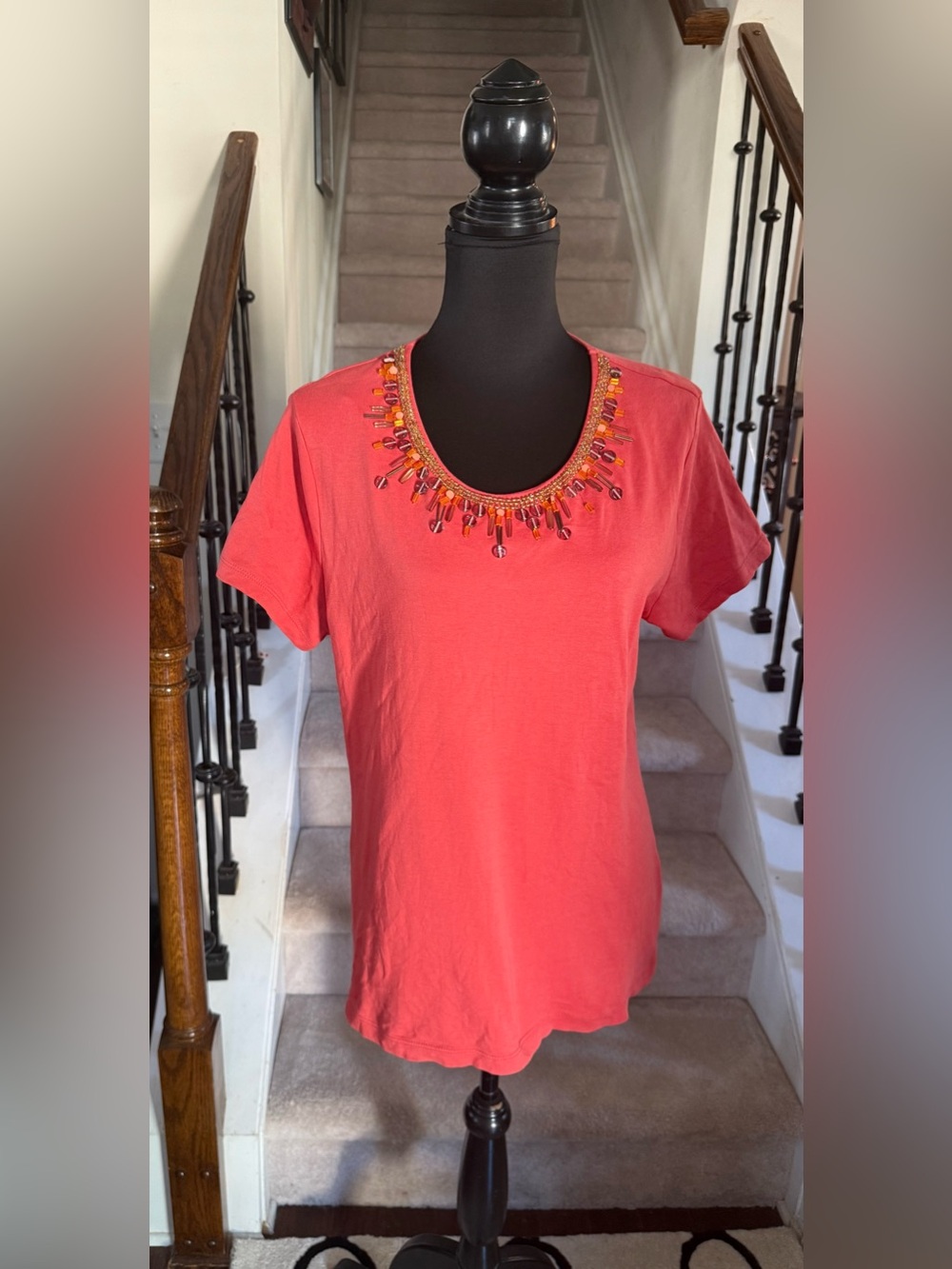 JM Collection Coral Short-Sleeve Tee with Beaded Neckline